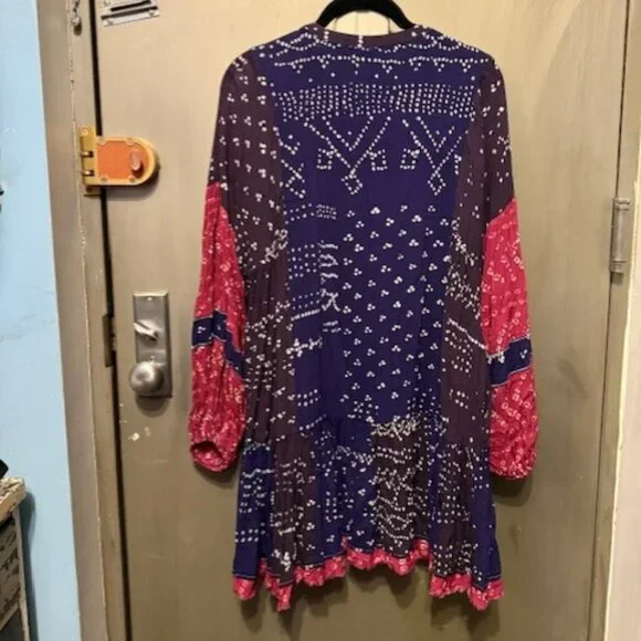 Free People Shibori Swing / Baby Doll Mini Dress with Balloon (Puff) Sleeves - Picture 12 of 16